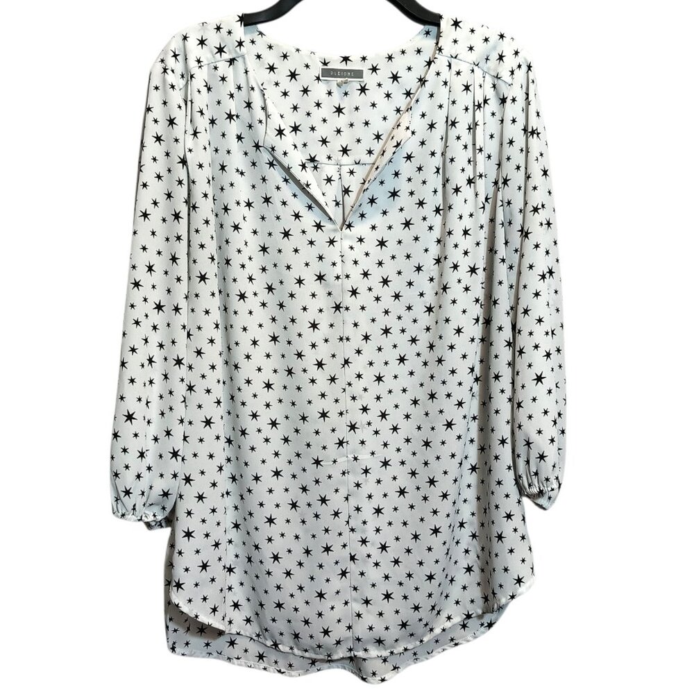 Pleione Shirt Blouse V-Neck White Black Stars Women's Size Large 3/4 Sleeves